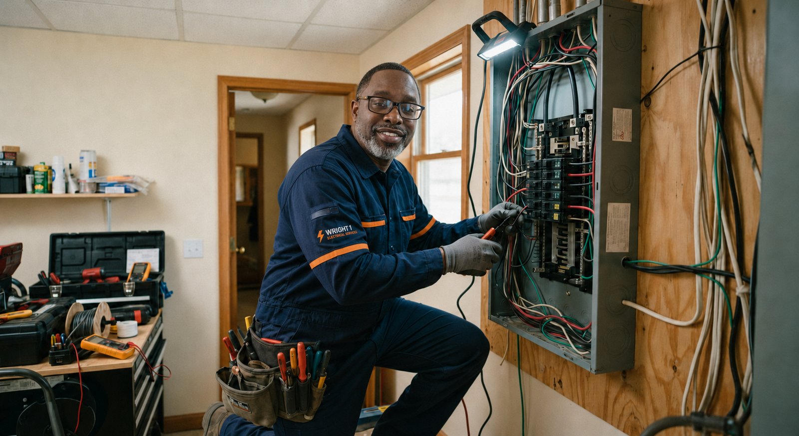 Clyde Wright working inside an electrical panel